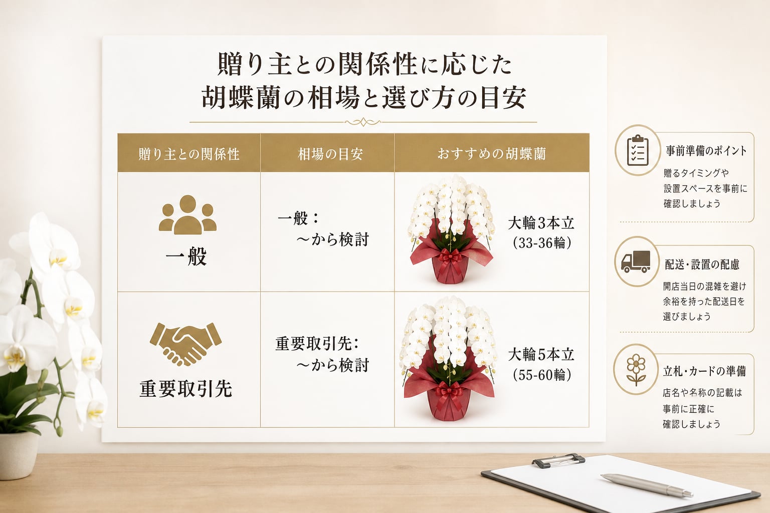 飲食店の開店祝いに贈る胡蝶蘭の相場と事前準備とは？