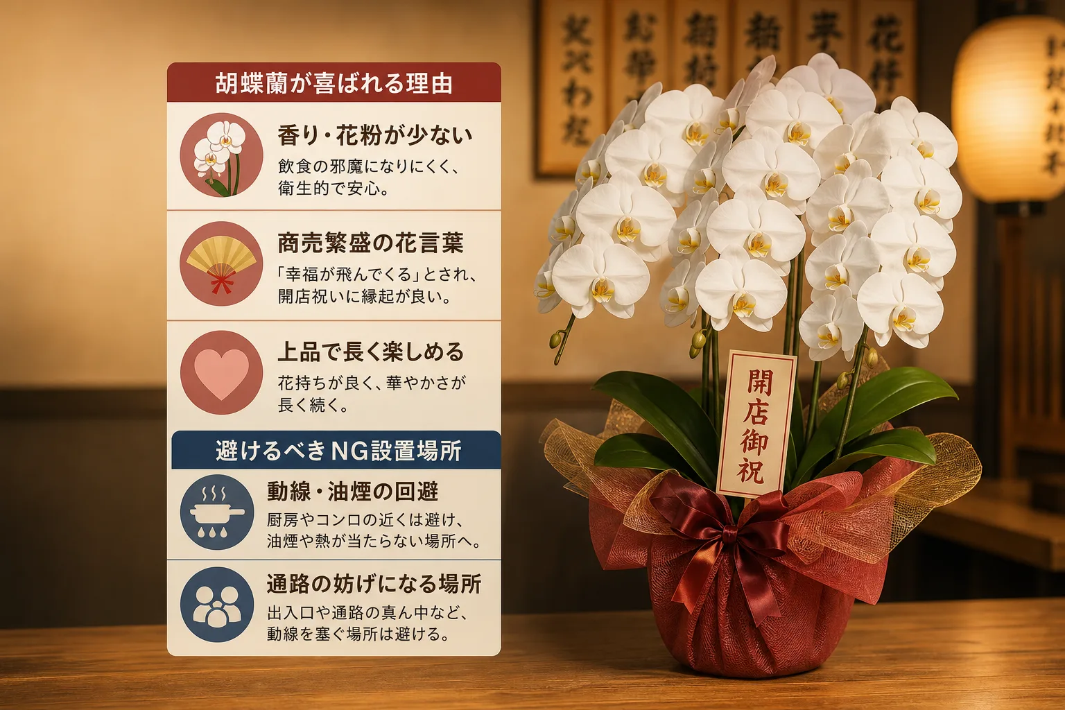 飲食店の環境に配慮した胡蝶蘭のメリットと適切な設置場所を示すアイコン図解
