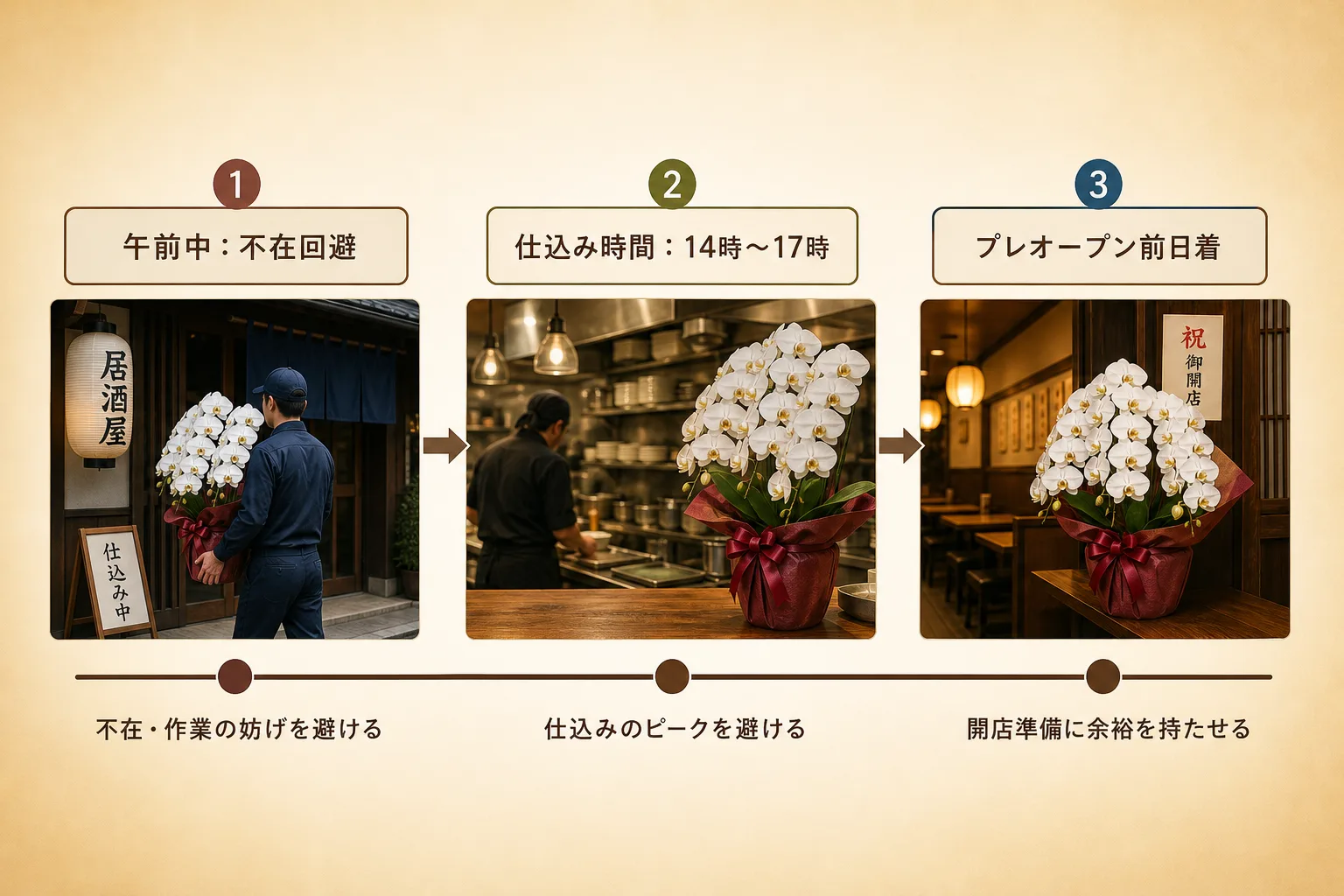 居酒屋の営業時間と仕込み時間に合わせた胡蝶蘭の推奨配送タイミングを示す工程図
