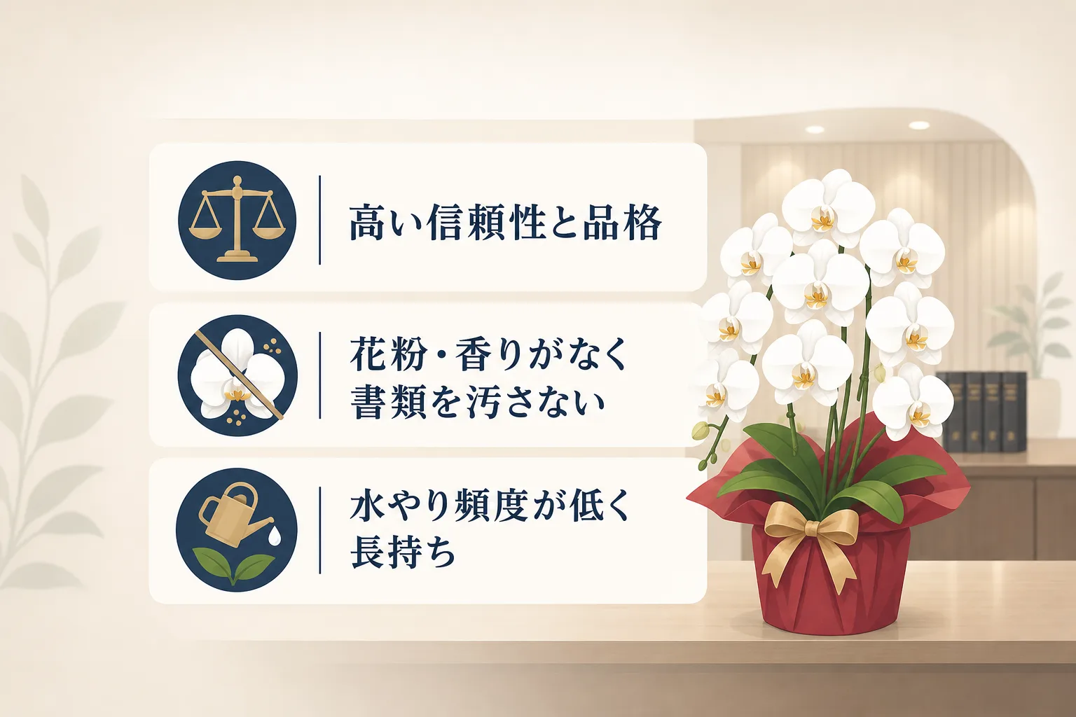 信頼性、クリーンな執務環境、手入れの手軽さを表す3つのアイコンが並んだ図解イラスト