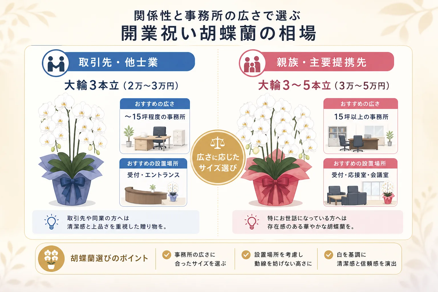 関係性ごとの予算相場と推奨される胡蝶蘭のサイズや本数を整理した分かりやすい比較表の図解