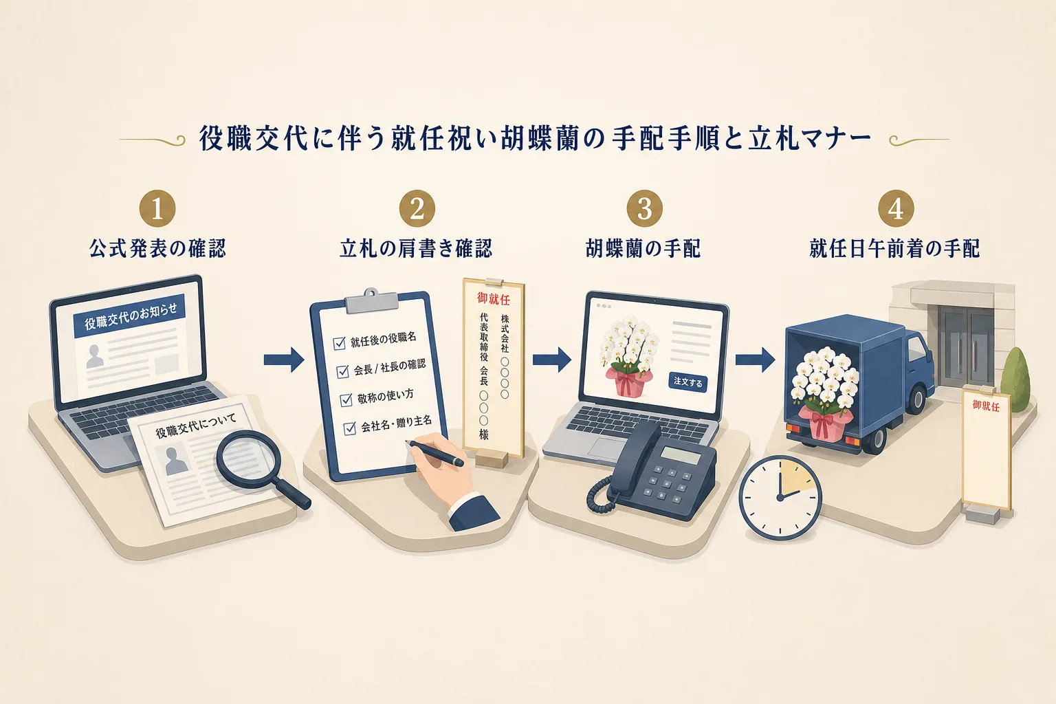 公式発表の確認から立札作成と就任日配送までの流れを示した手配手順のフローチャート図解