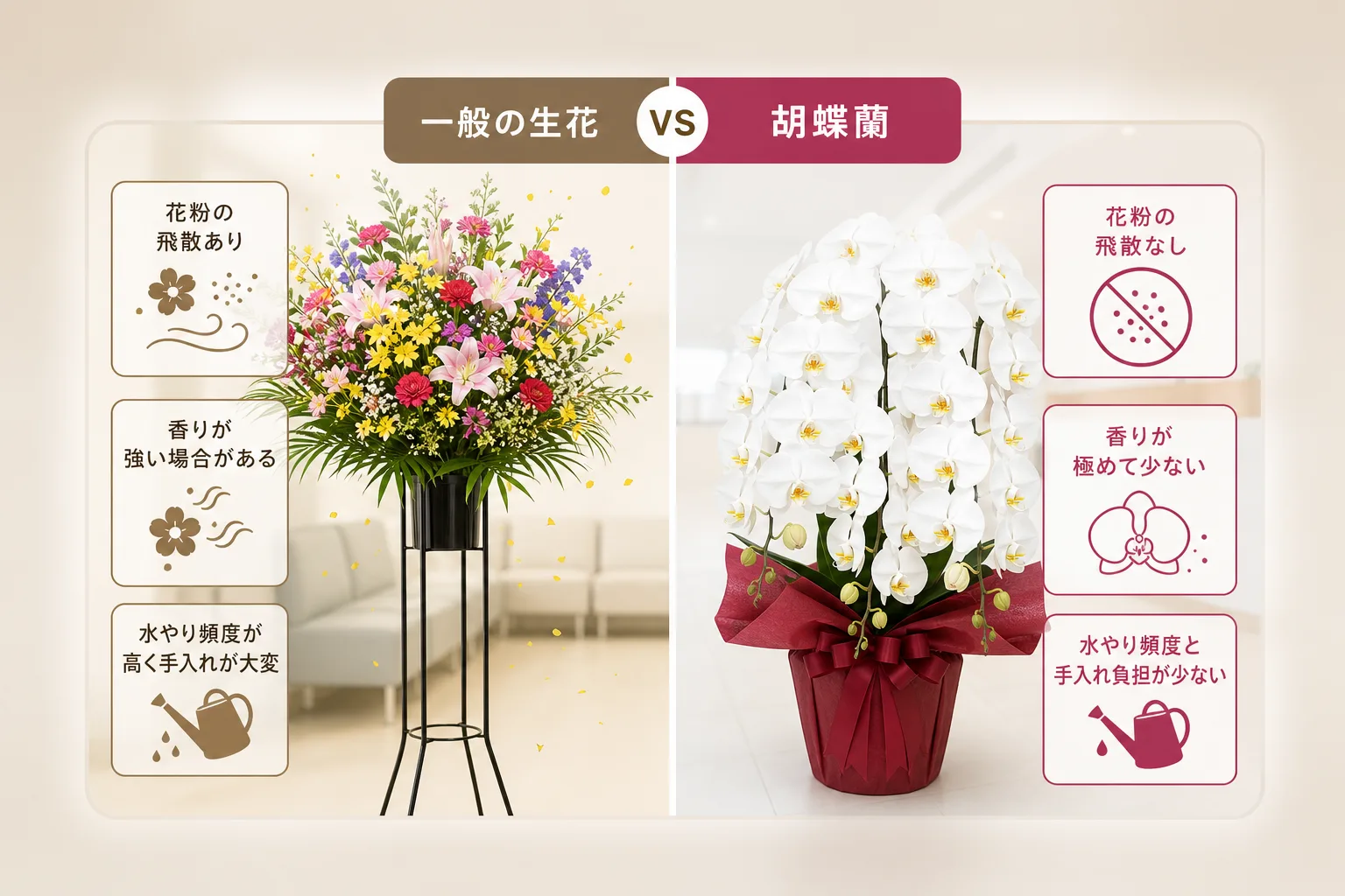 胡蝶蘭と一般的な生花スタンドの花粉飛散性や香りの強さ、日々の管理負担を比較した表