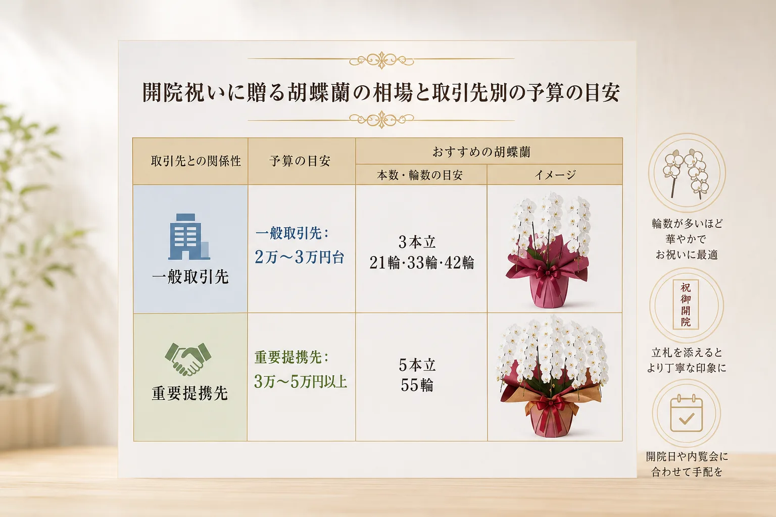 取引先の重要度に応じた開院祝い胡蝶蘭の予算相場と本数・輪数の目安を示したデータ図