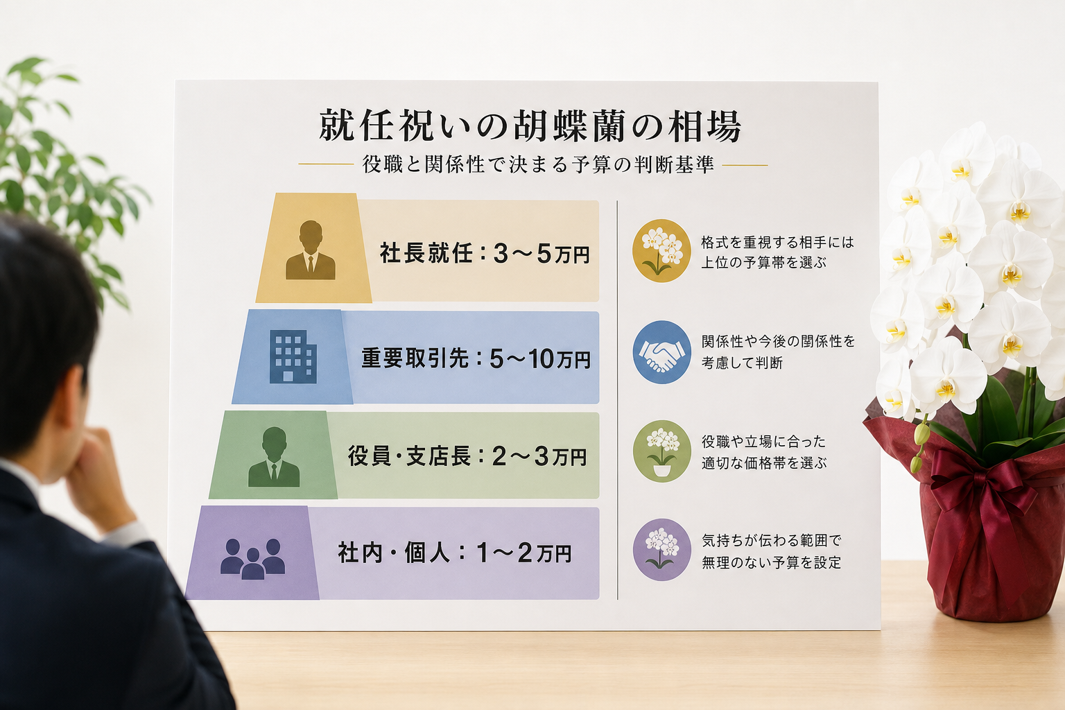 就任祝いの胡蝶蘭の相場は？役職と関係性で決まる予算の判断基準とは？