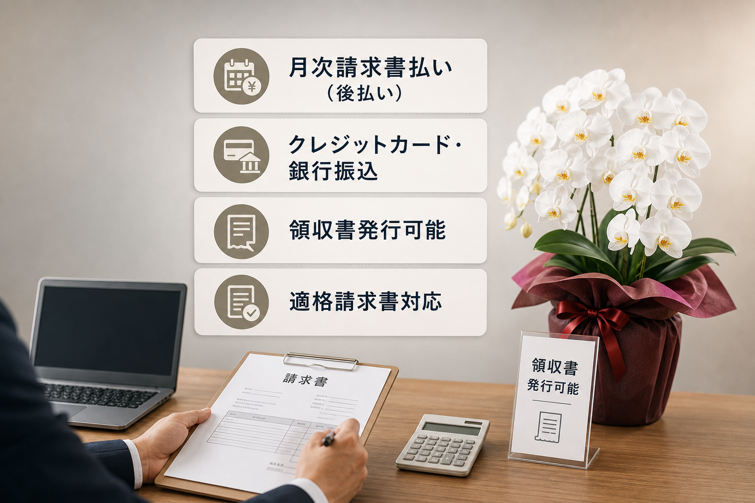 法人注文で必要な請求書払いや領収書の発行には対応しているか？