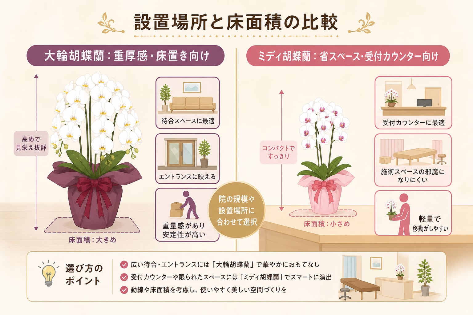 大輪とミディのどちらが良い？整骨院向け胡蝶蘭の徹底比較