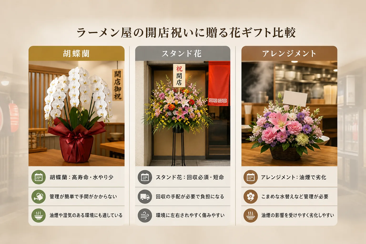 開店祝いの花ギフトである胡蝶蘭とスタンド花とアレンジメントの特徴を比較した図表