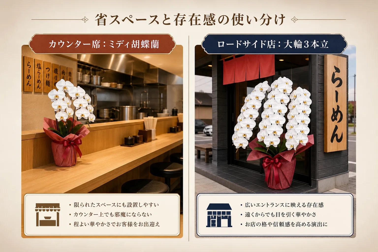 小規模店舗のカウンター横ミディ胡蝶蘭と郊外店前の大輪胡蝶蘭の設置比較イメージ