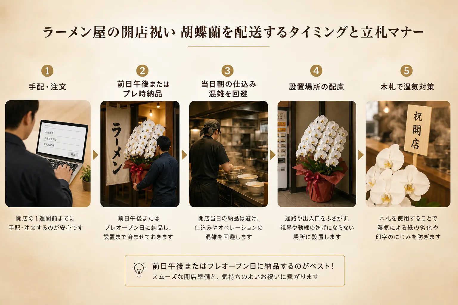 開店前日から当日までの納品スケジュールと木札の配置マナーを示したタイムライン図