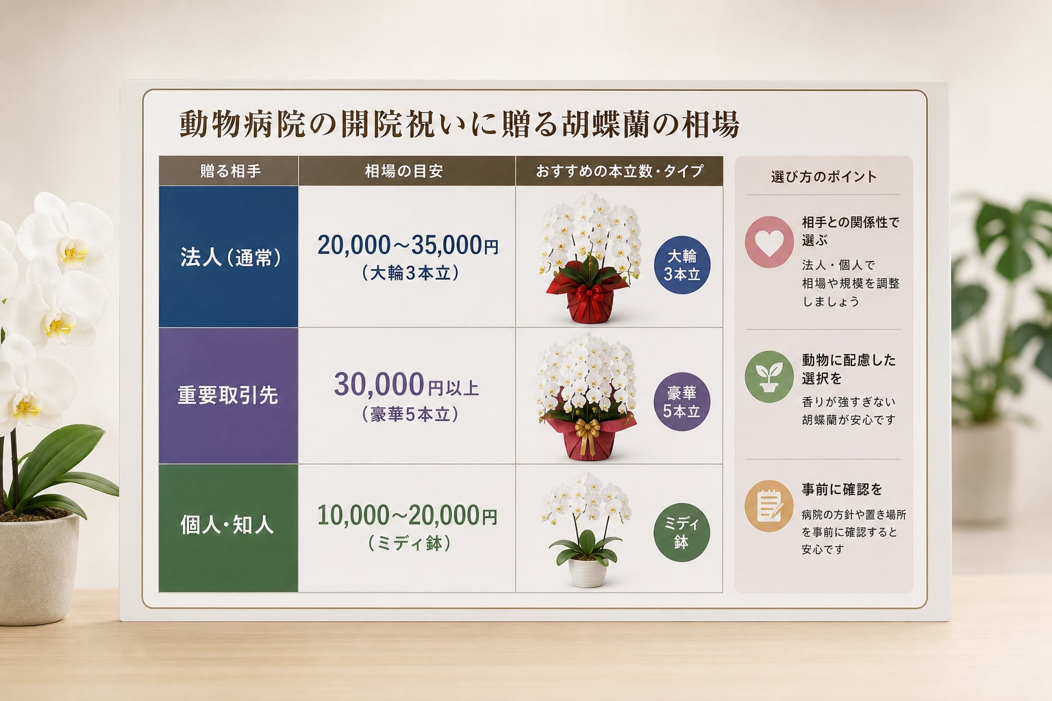 動物病院の開院祝いに贈る胡蝶蘭の相場はいくらか？
