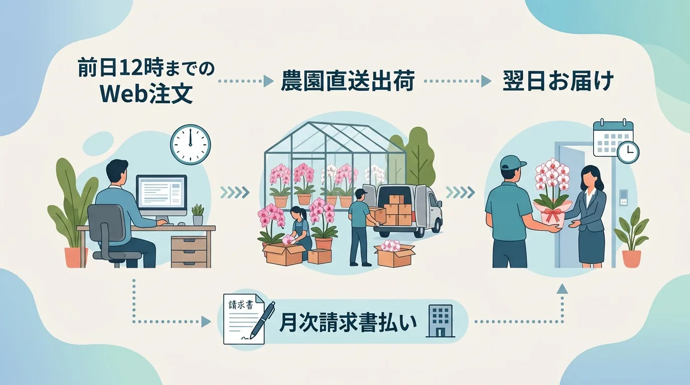 Webからの注文確定から農園出荷を経て翌日配送される全体の流れと請求書払いの特徴を描いた概念イラスト