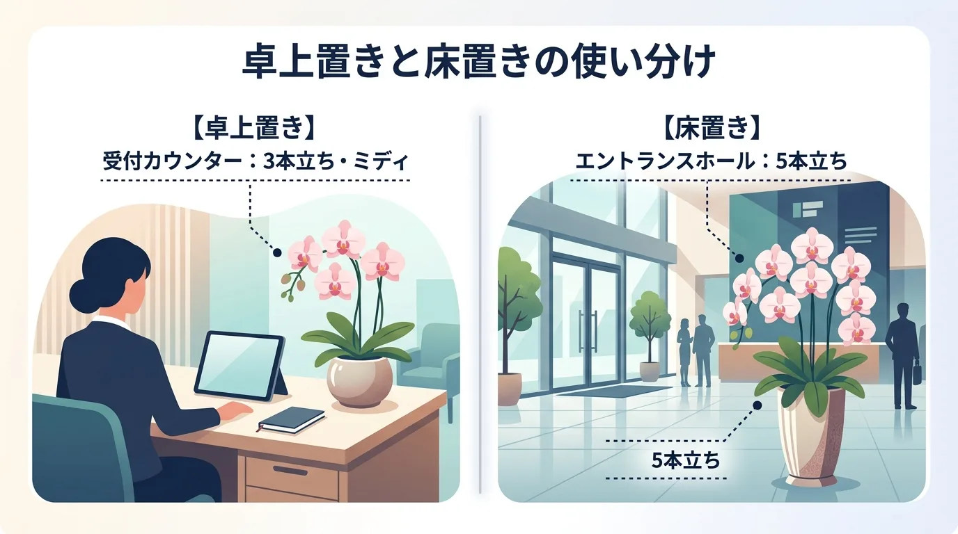 受付カウンターと開放的なロビーでそれぞれ最適な胡蝶蘭のサイズを描いた配置図イラスト
