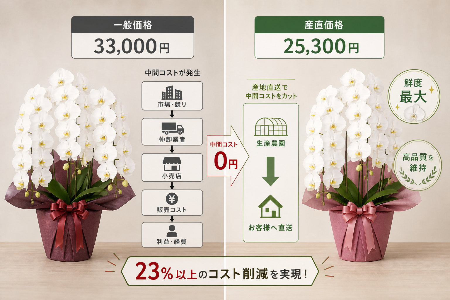 なぜ産地直送の胡蝶蘭は高品質を維持したまま23%以上のコスト削減が可能なのか？