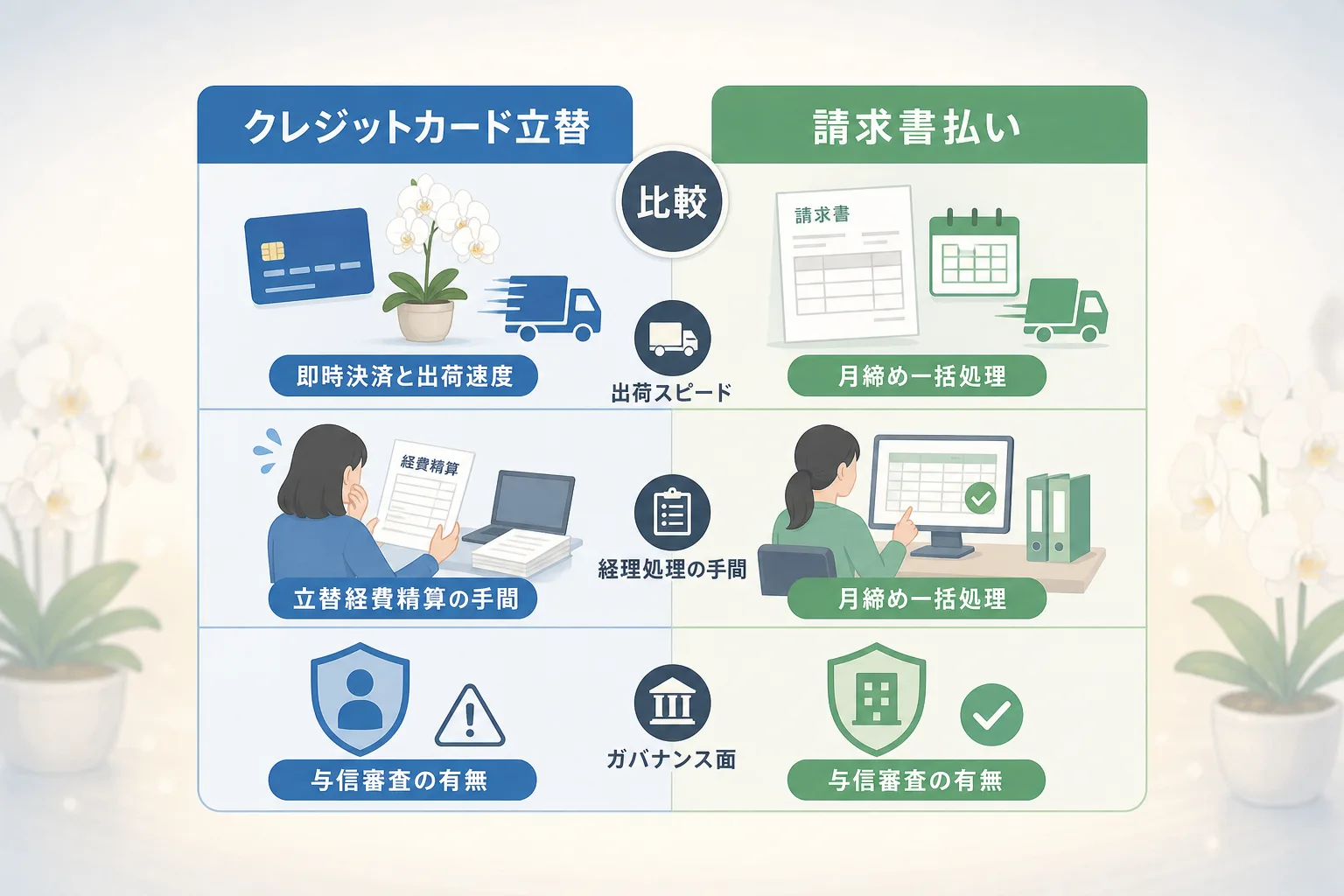 クレジットカード立替と請求書払いのスピードや経理負担の違いを項目別にまとめた比較表