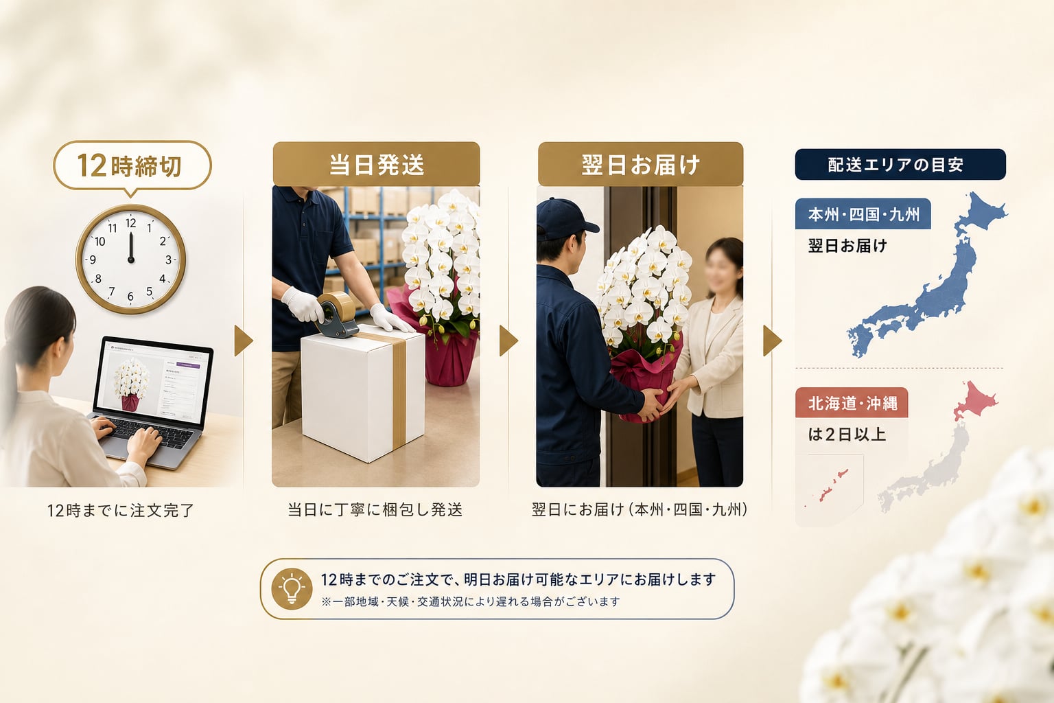 移転祝いの胡蝶蘭を明日届けるための注文期限と配送エリアの条件は何か？