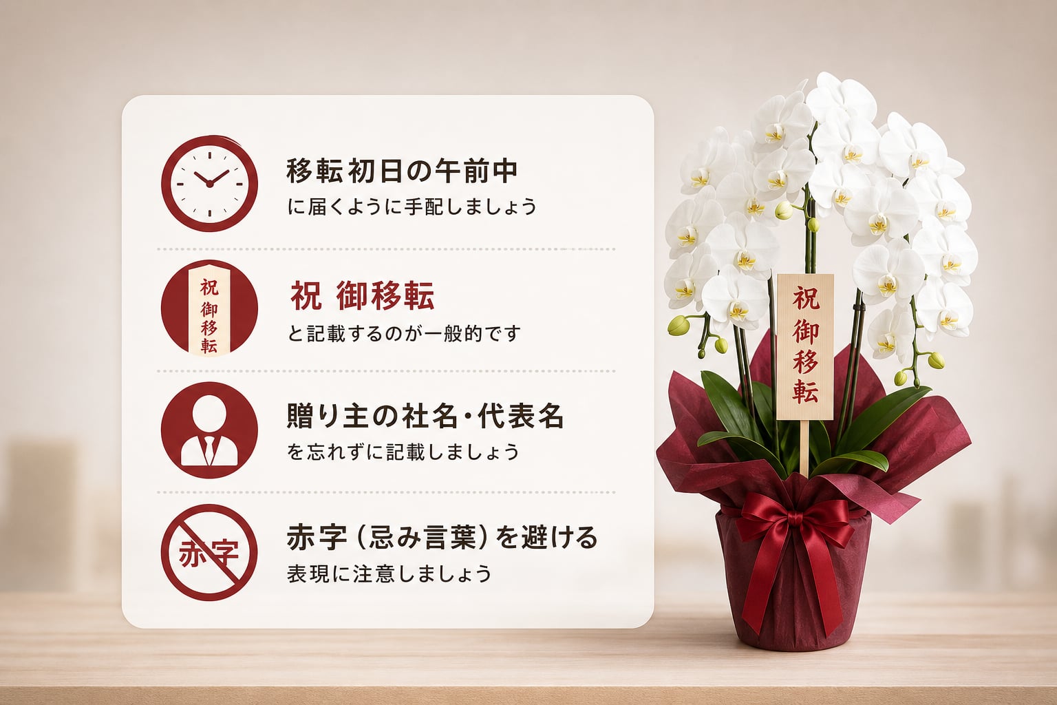 移転祝いの胡蝶蘭を贈るタイミングや立札の書き方で注意すべきマナーは？