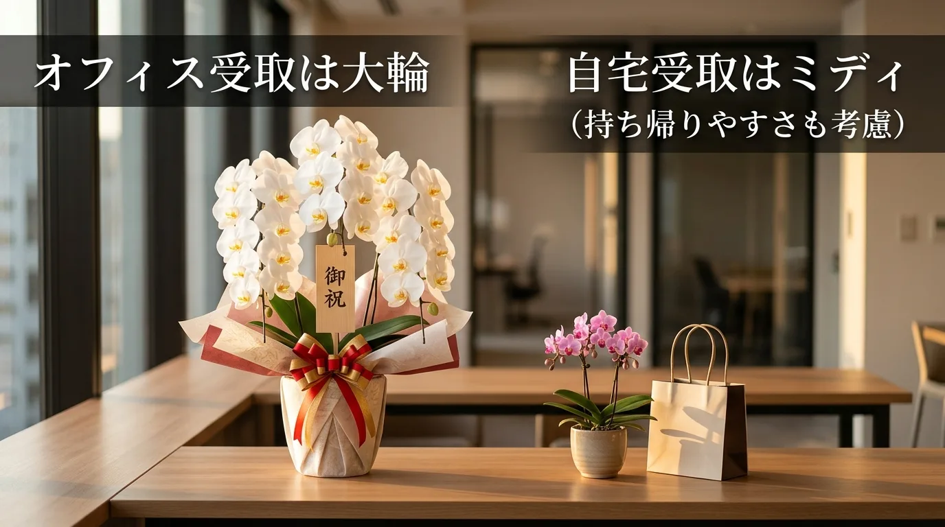 オフィスの送別会で贈られる豪華な大輪胡蝶蘭と自宅のリビングに置かれたミディ胡蝶蘭