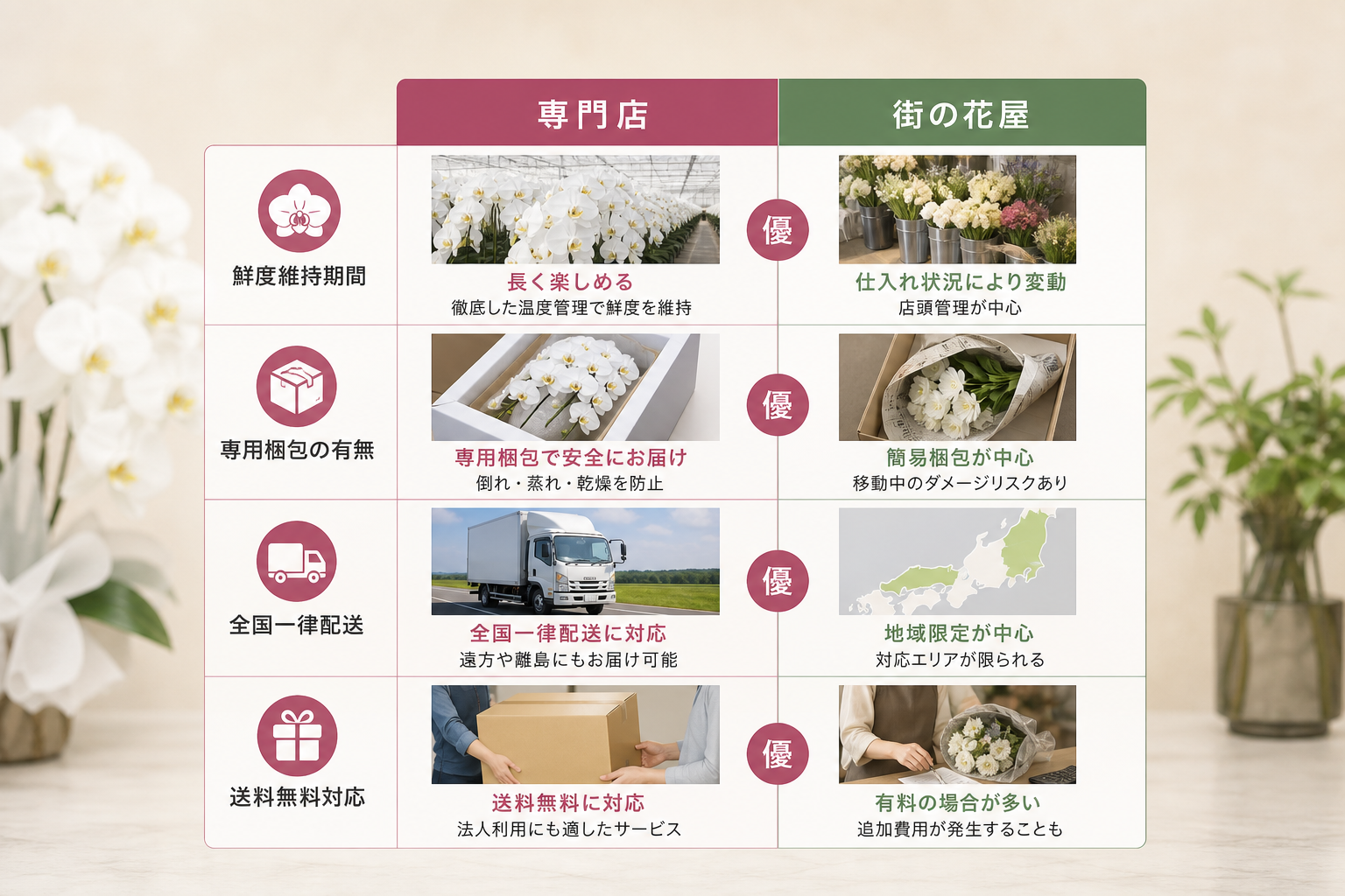 鮮度・配送・急ぎの観点で比較した際の最適な購入先はどこか？