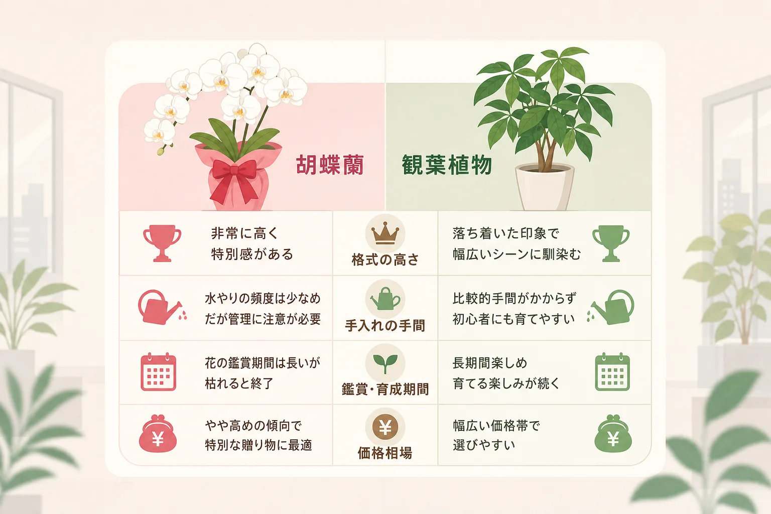 胡蝶蘭と観葉植物の特徴、管理負担、価格相場を項目ごとに並べて比較したインフォグラフィック表