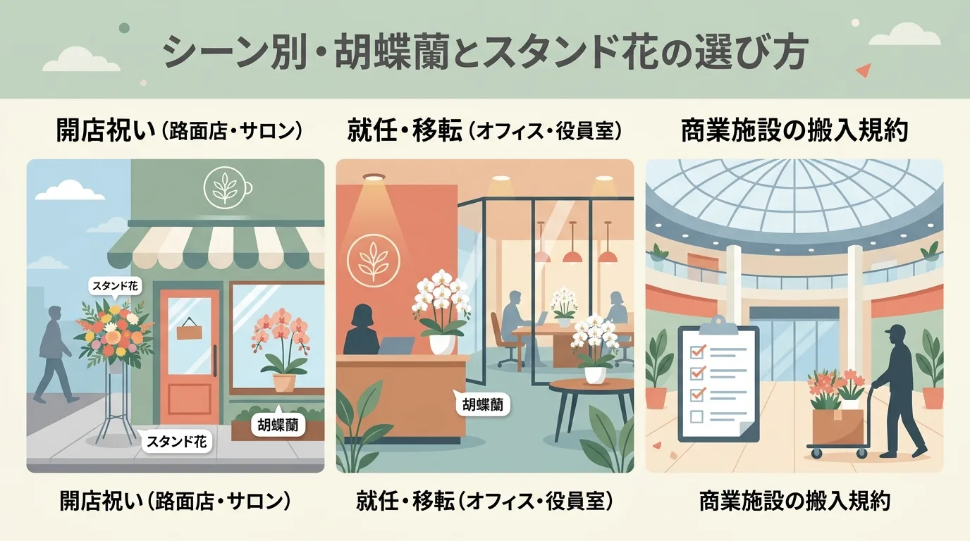 店舗前を彩るスタンド花とオフィス内に飾られる胡蝶蘭のシーン別適性を表現したイラスト