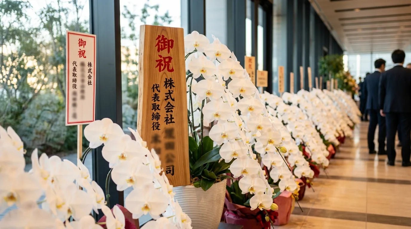多くの祝花が並ぶ式典会場で、厚みのある木札が一段と際立っている大輪の胡蝶蘭