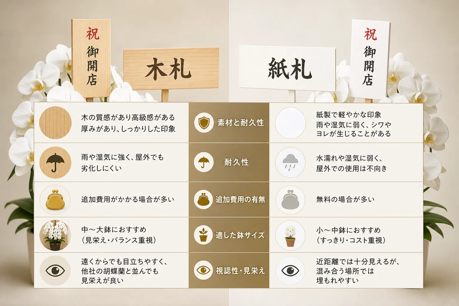 木札と紙札の特徴、費用、視認性、適したシーンの違いを項目ごとに整理した比較表