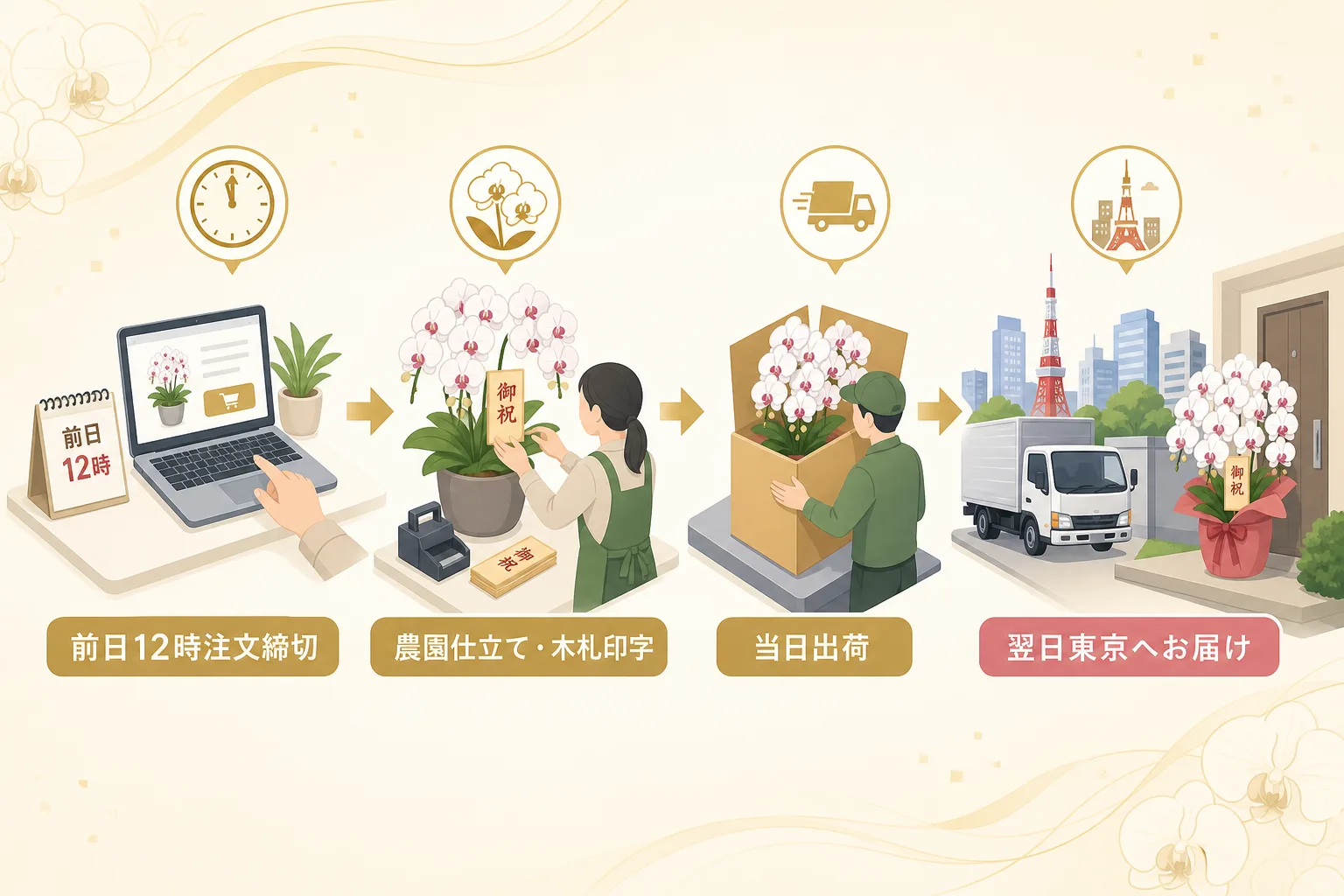 前日12時の発注から出荷準備、翌日の東京都内オフィスへの納品までの流れを示す工程図