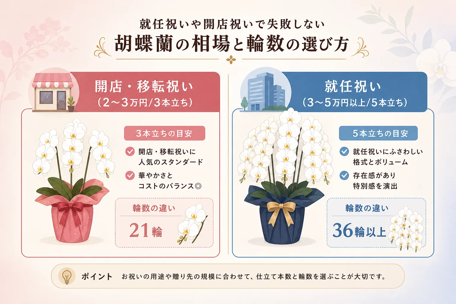 胡蝶蘭の用途別に価格相場や本数、花の輪数の違いをまとめた比較表のイラスト
