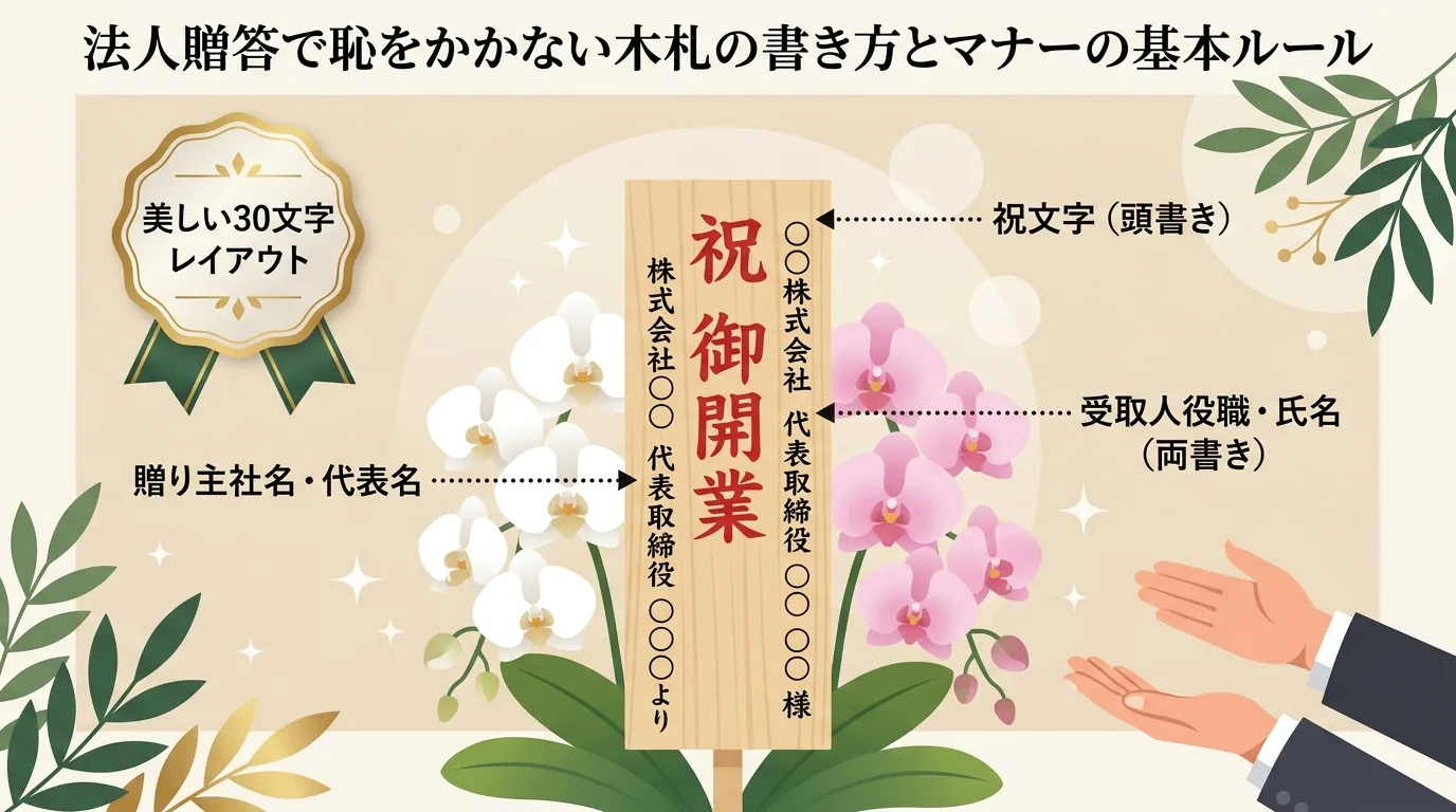 就任祝いに適した木札の頭書きや宛名、贈り主名の正しい配置例を示すレイアウト図