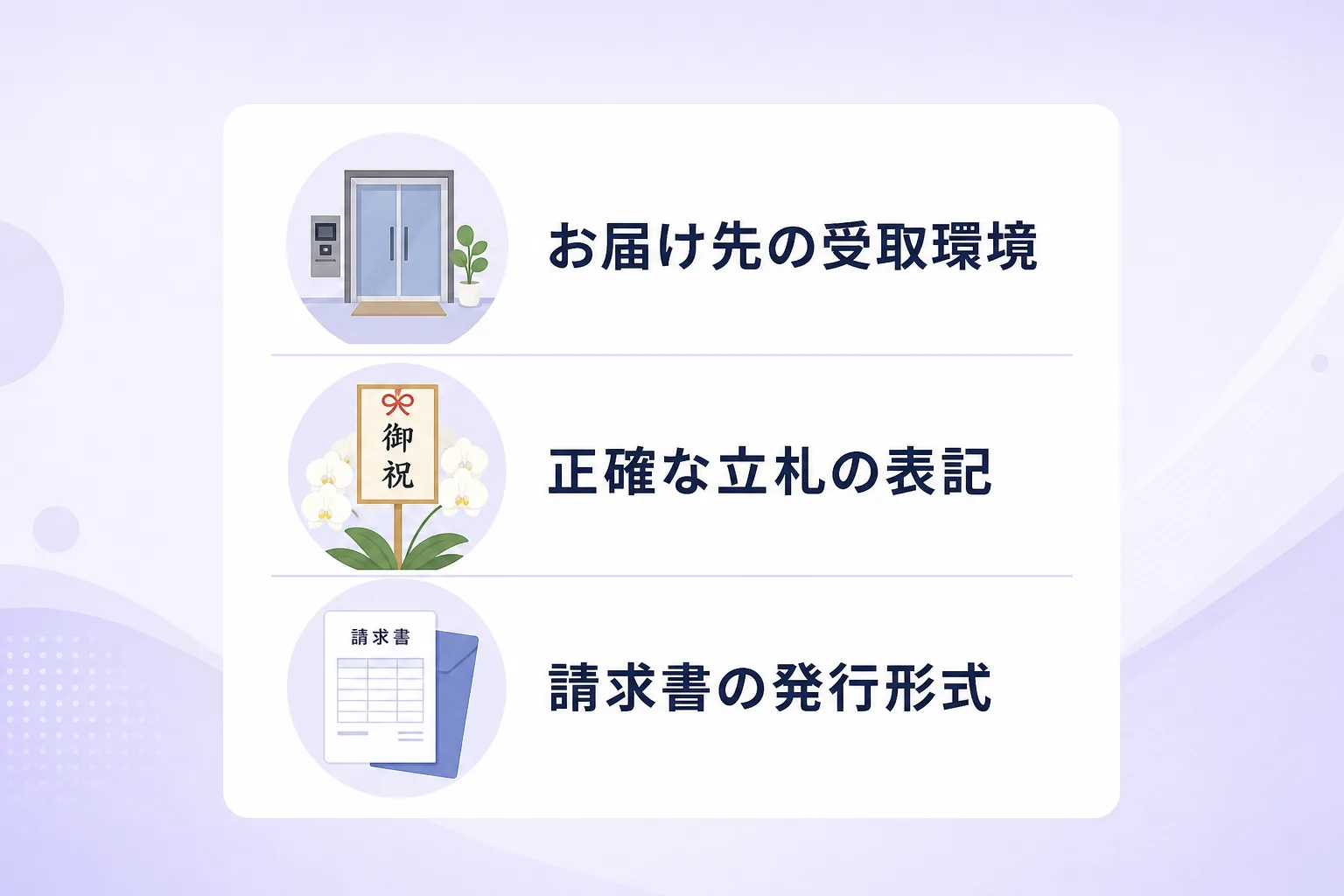 胡蝶蘭の即日手配前に確認すべき届け先環境・立札の表記・請求書形式を示したチェックリスト