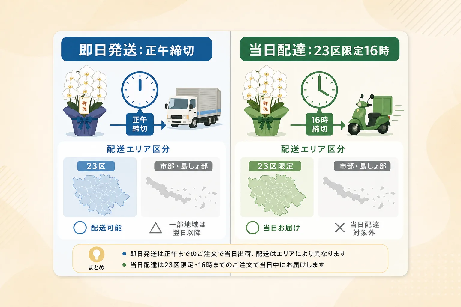 東京宛て胡蝶蘭の手配における締め切り時間と対象エリアの違いをまとめた比較表