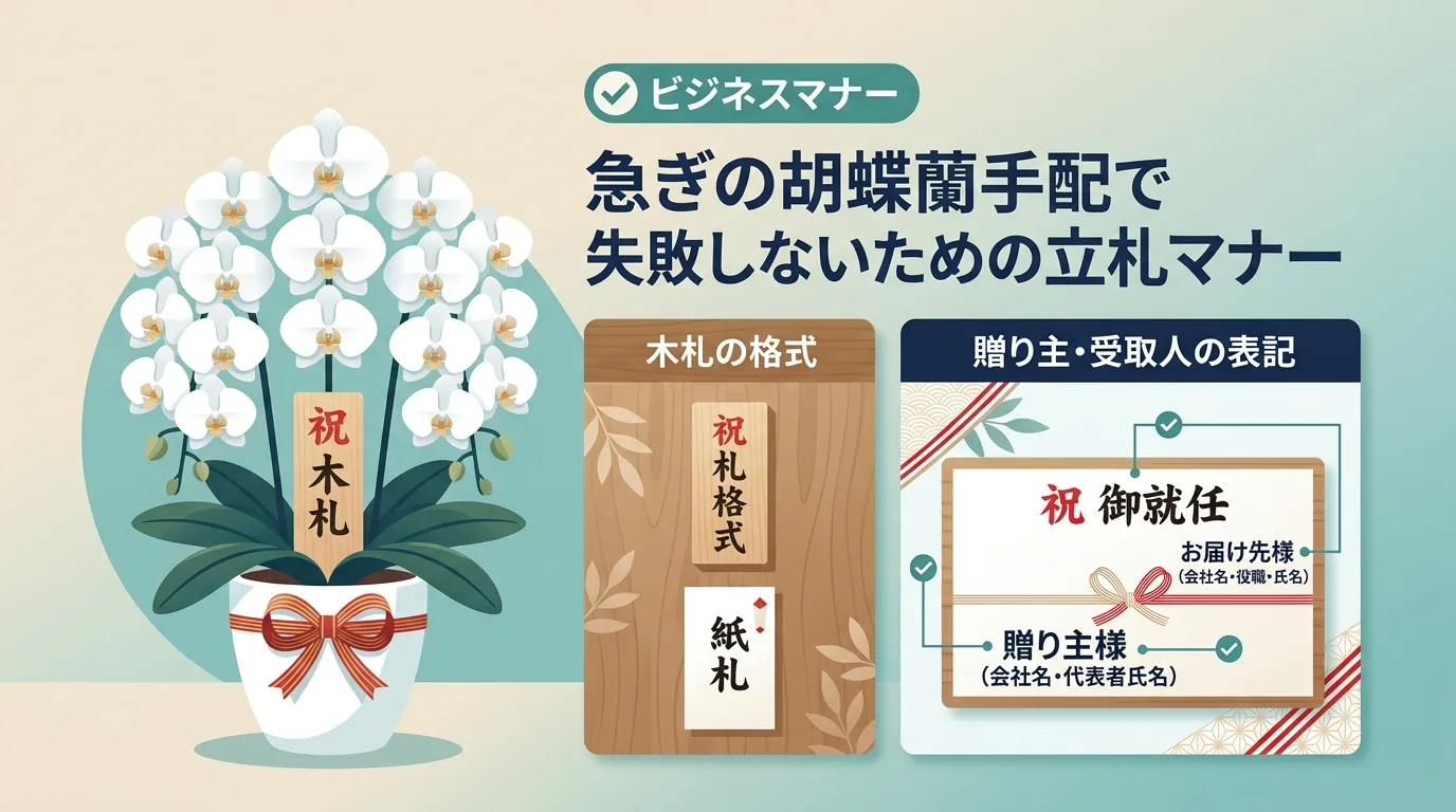 就任祝いや移転祝いに相応しい胡蝶蘭の木札の書き方と配置マナーを示した図解イラスト