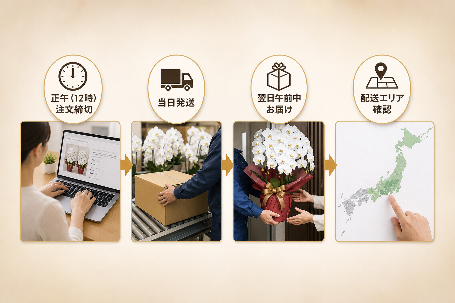 開店祝いの胡蝶蘭を翌日お届けするために必要な注文締め切り時間はいつか？