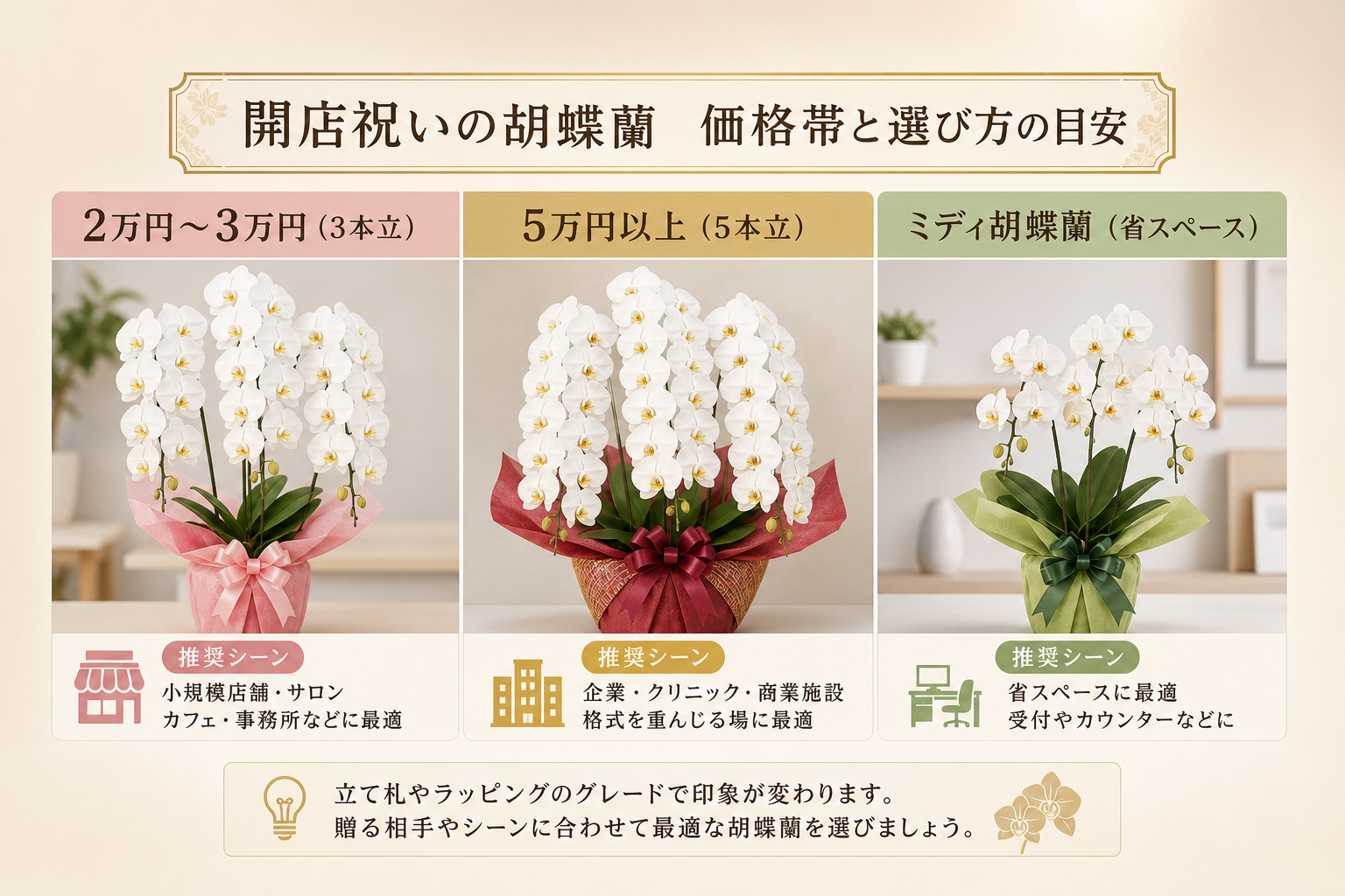 失敗しない開店祝いを贈るための胡蝶蘭の価格相場と比較基準は何か？