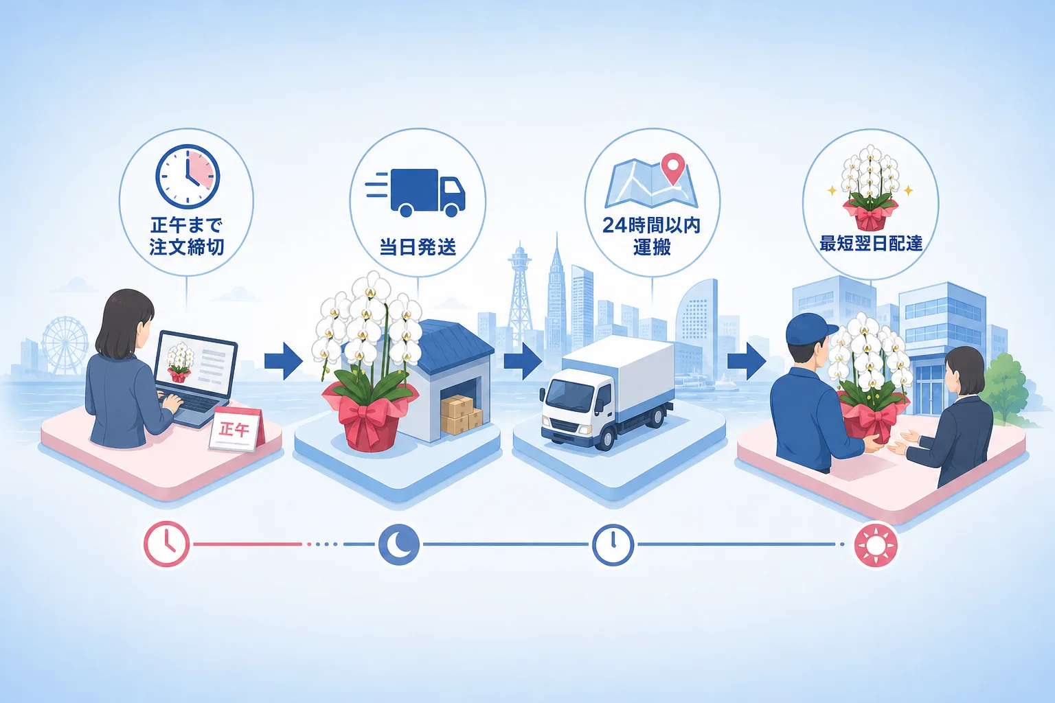 午前中の注文から当日出荷を経て横浜主要エリアへ翌日届くまでの手順を示すタイムライン図