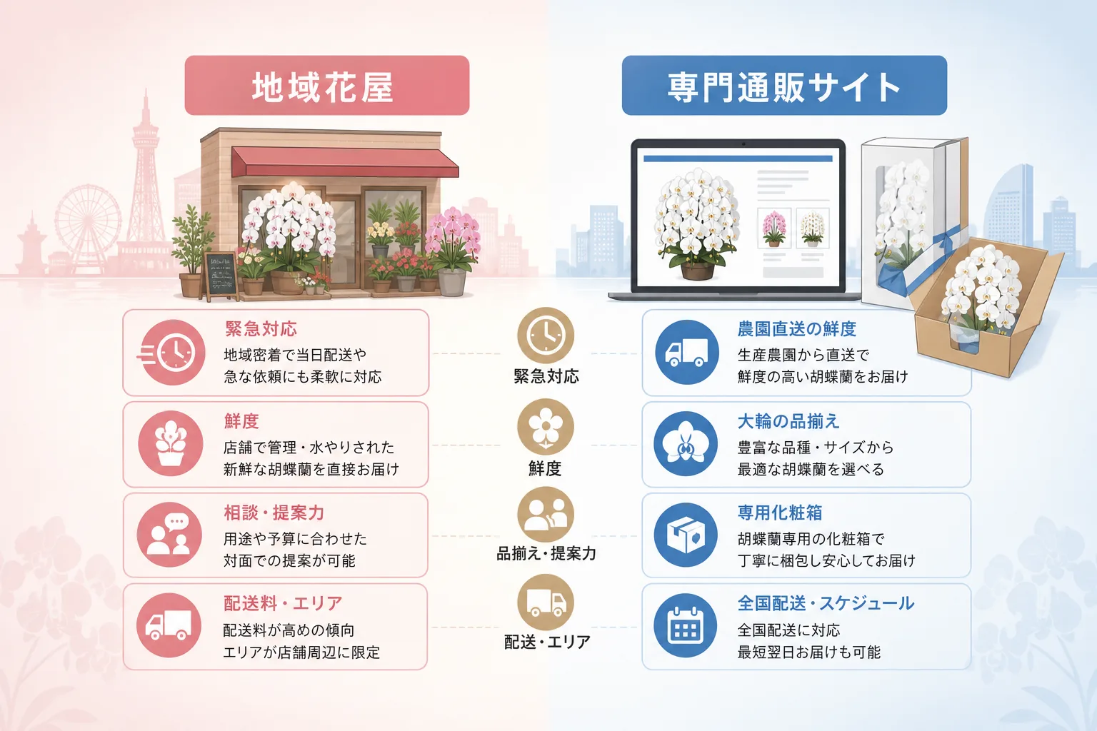 地域花屋と胡蝶蘭通販サイトの配送スピードや品質管理の違いを整理した比較表