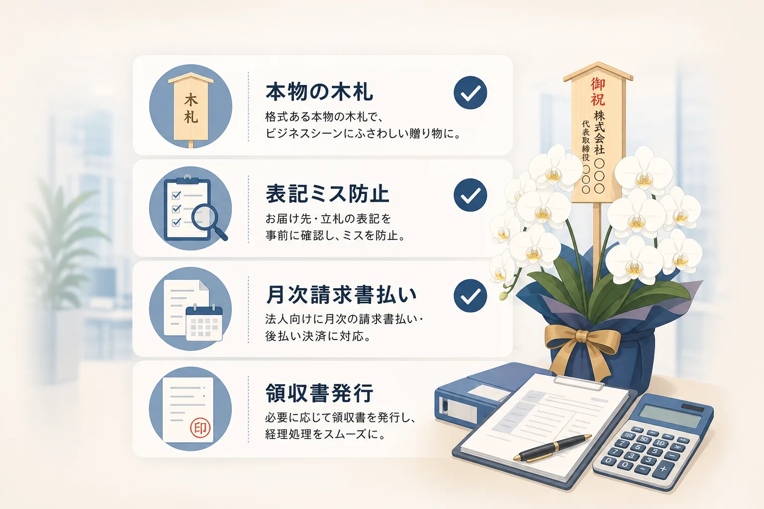 木製立札の無料手配や月次請求書払いなど法人ギフトに必須の手続きをまとめたチェックリスト