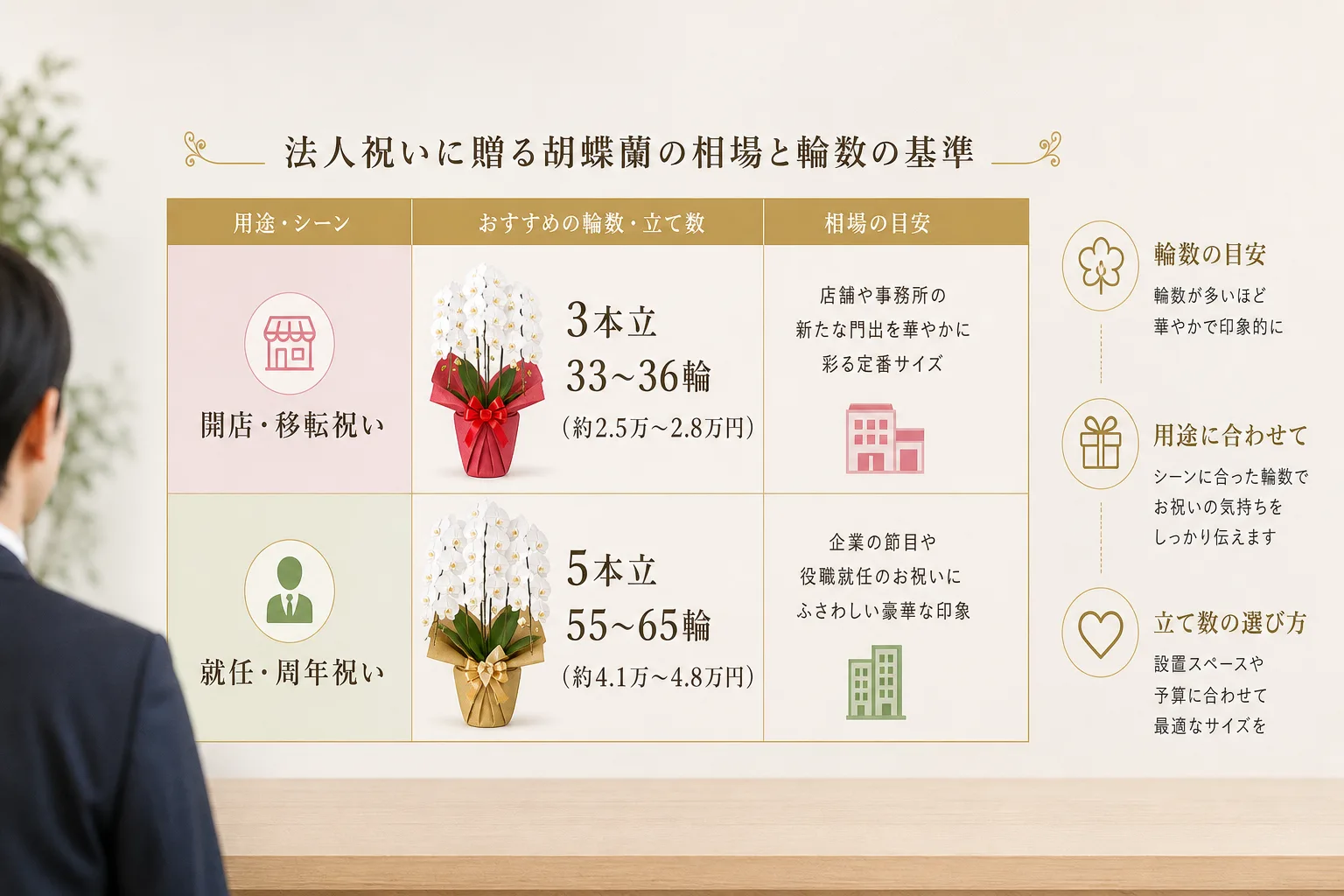 胡蝶蘭の本数・輪数ごとの価格帯と推奨されるお祝いシーンを比較したインフォグラフィック
