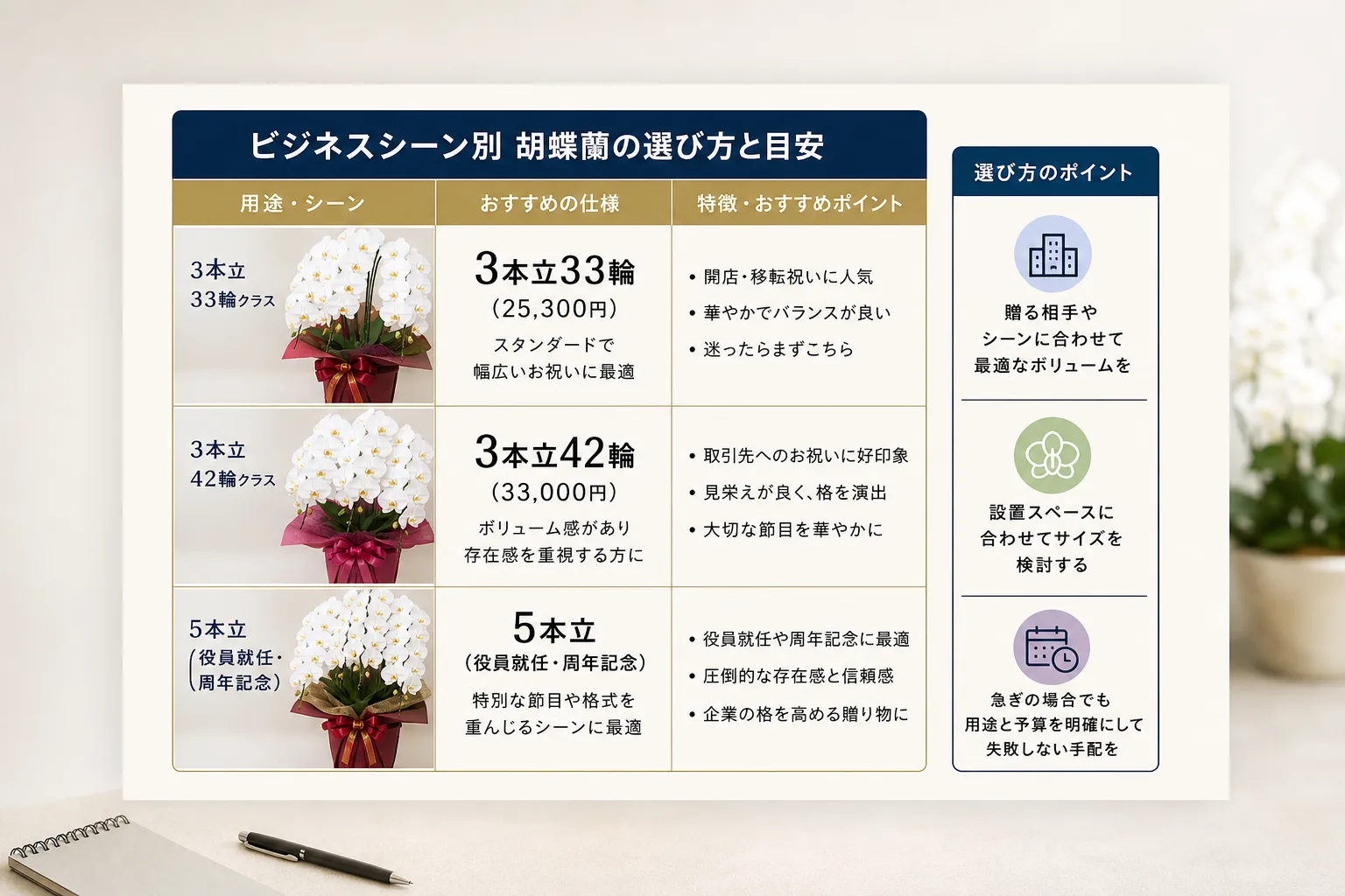 開店祝いから役員就任祝いまで用途別の胡蝶蘭の本数・輪数・価格帯を整理したチャート図