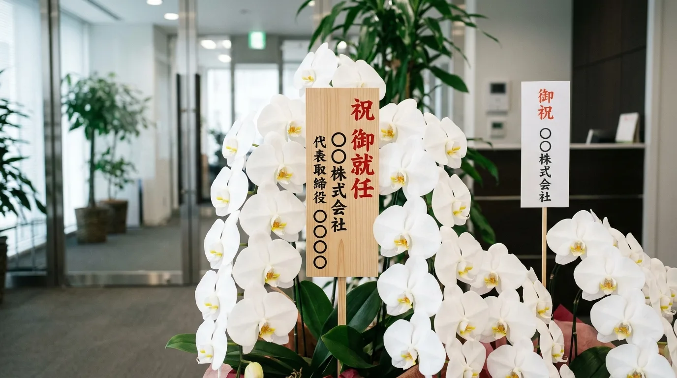 白の大輪胡蝶蘭に会社名と祝意が丁寧に印字された格調高い本物の木札が添えられている様子