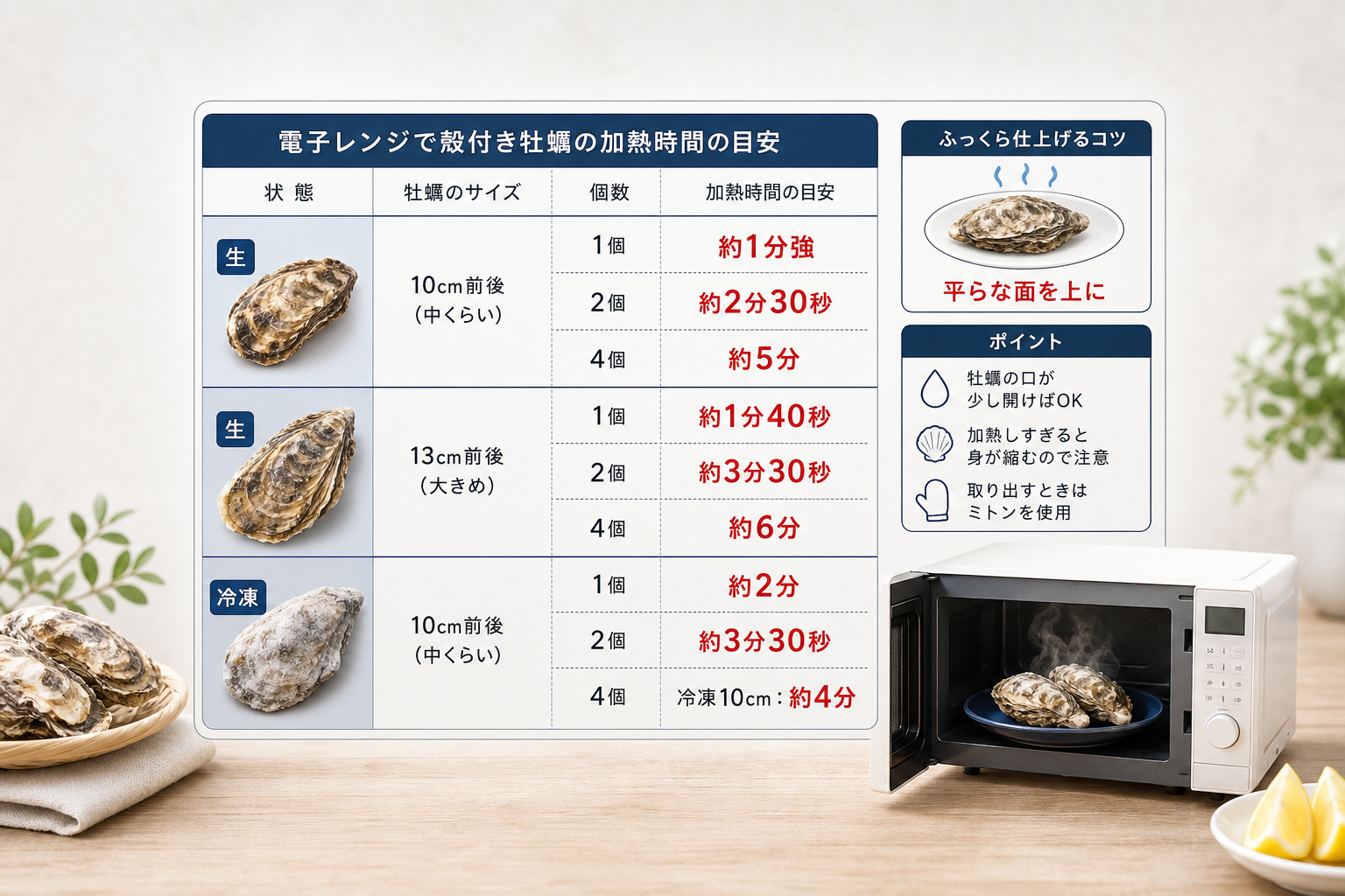 電子レンジで殻付き牡蠣をふっくら仕上げる最適な加熱時間は？